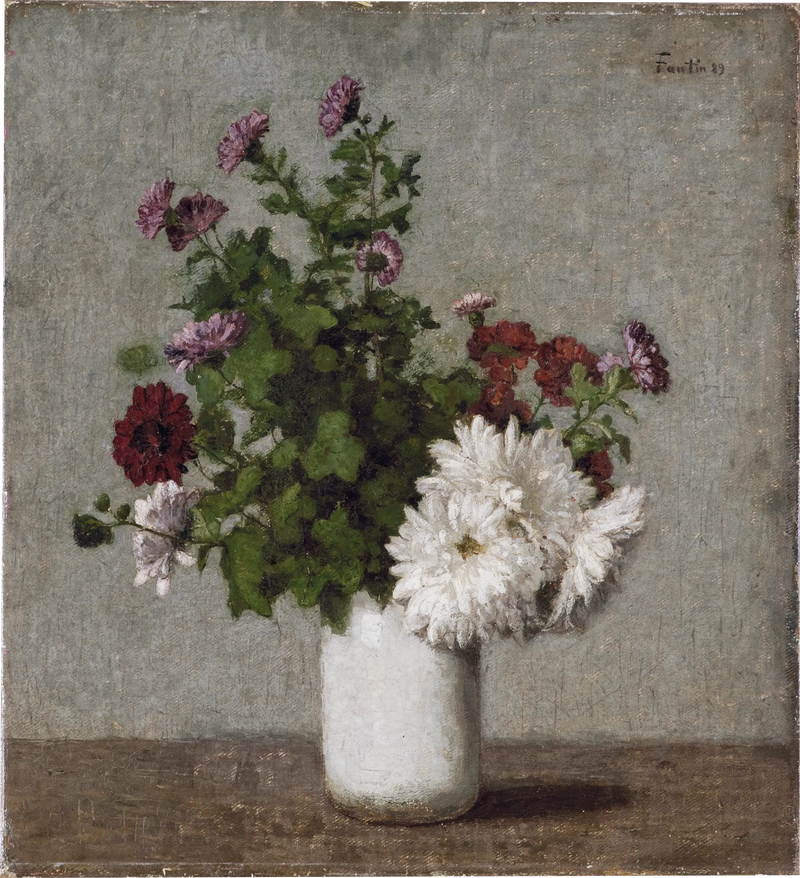 Stillleben mit Blumen: Herbst-Chrysanthemen in einer weißen Vase - Henri Fantin-Latour