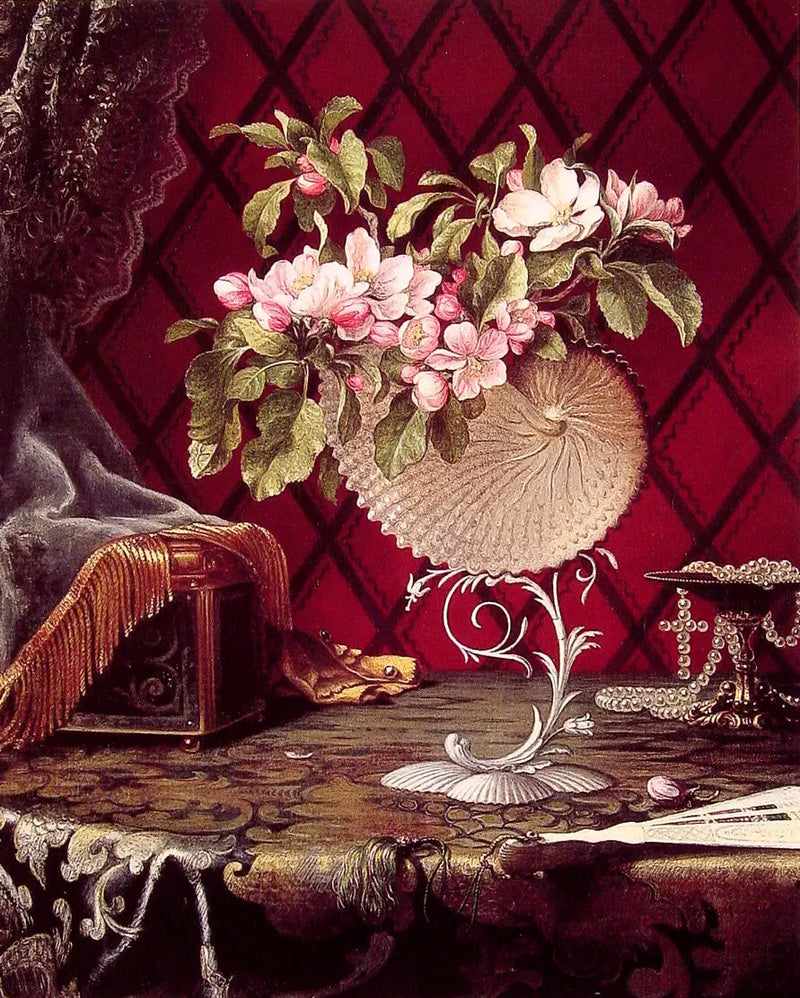 Stillleben mit Apfelblumen in einer Nautilusschale - Martin Johnson Heade