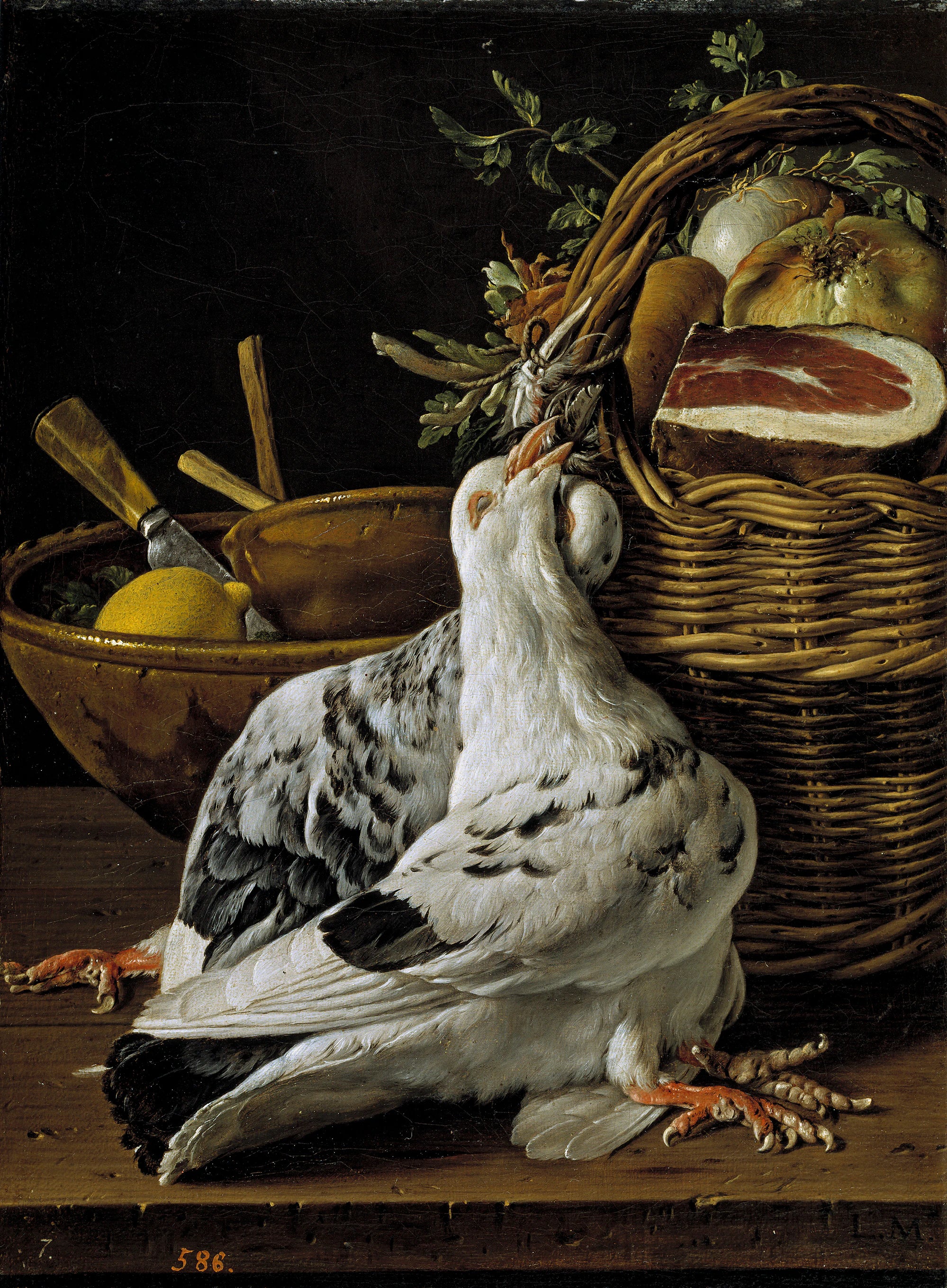 Nature morte aux pigeons, panier de nourriture et bols - Luis Eugenio Meléndez