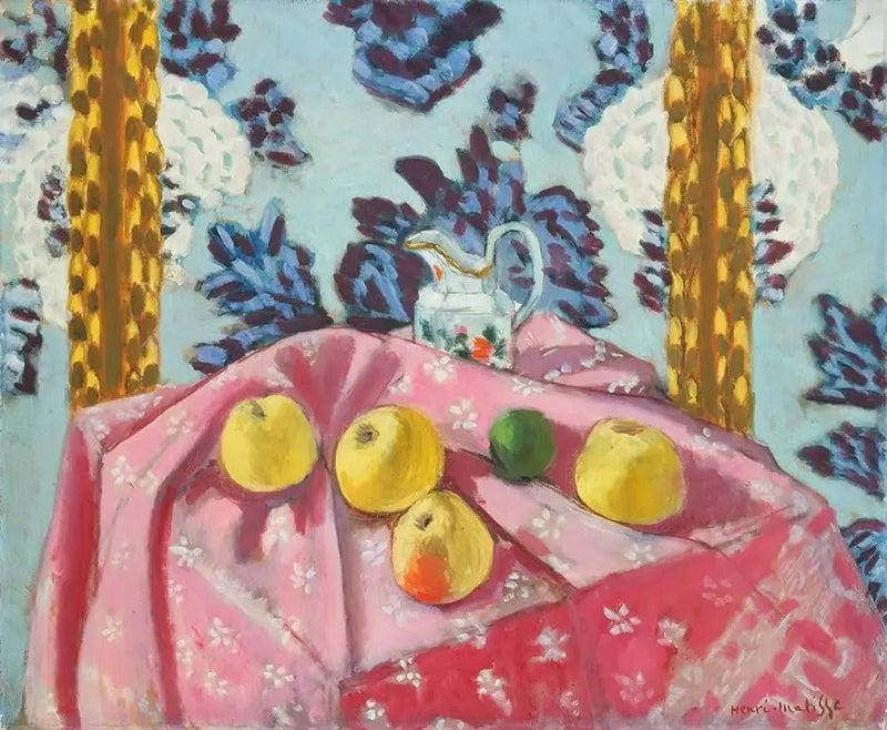 Stillleben mit Äpfeln auf einer rosa Tischdecke - Henri Matisse