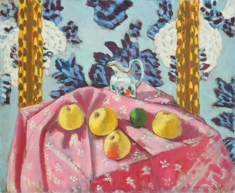 Stillleben mit Äpfeln auf einer rosa Tischdecke - Henri Matisse