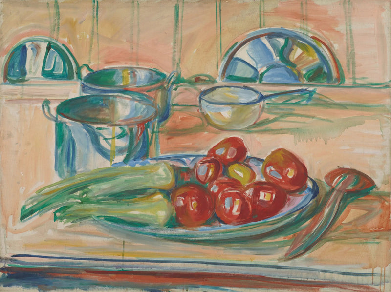 Stillleben mit Tomaten, Lauch und Hühnern - Edvard Munch