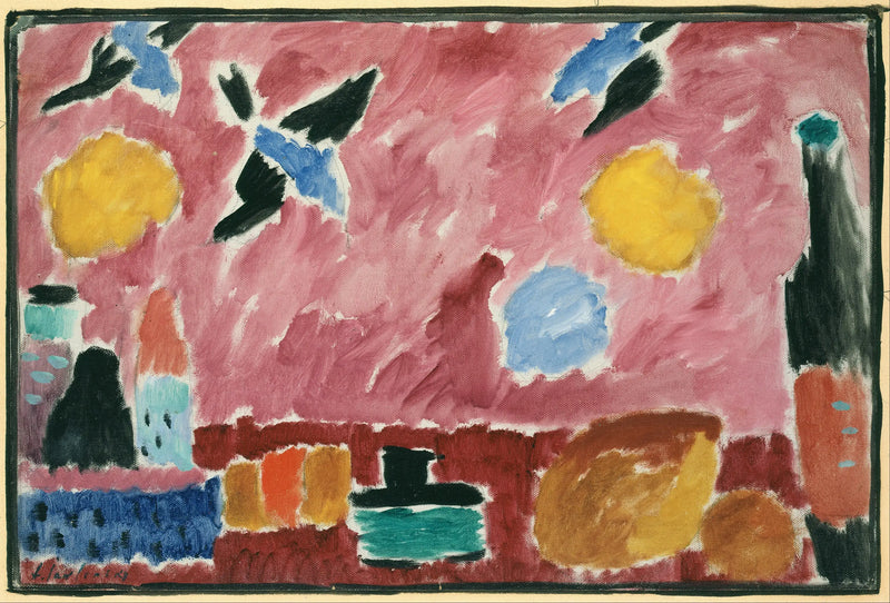 Stillleben mit Flasche, Brot und rotem Tapeten mit Schwalben - Alexej von Jawlensky