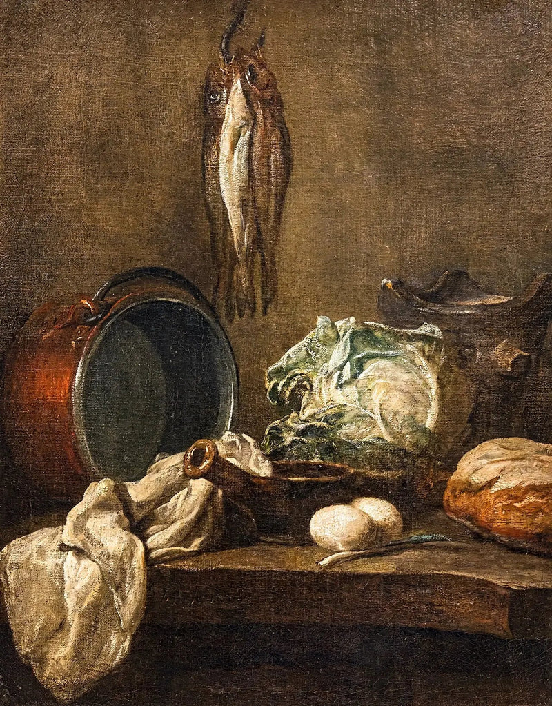 Stillleben mit Kessel, Pfanne, Ofen, Küchentuch, Kohl, zwei Eier, Lauch, Brot und drei Heringe - Jean Siméon Chardin