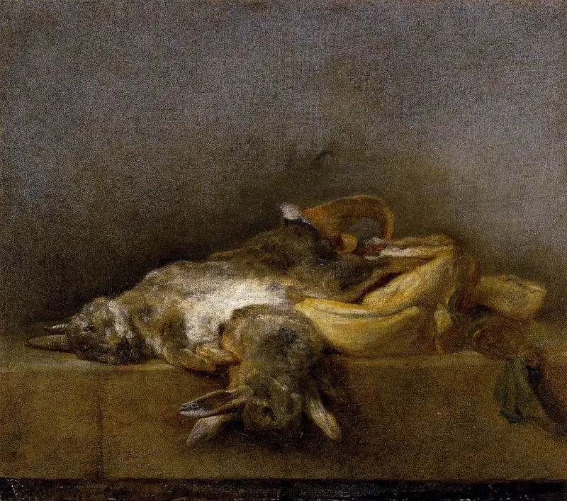 Stillleben mit zwei Kaninchen, einer Jagdtasche und einer Pulverbirne - Jean Siméon Chardin