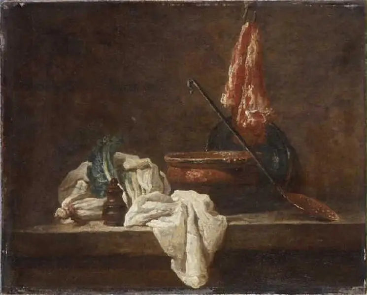 Stillleben mit zwei Selleriestangen, Gewürzdose, Küchentuch, Terrine, Platte, Schaumkelle und Stück Fleisch - Jean Siméon Chardin