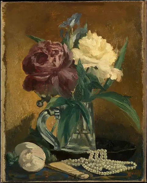 Stillleben mit Blumen, Fächer und Perlen - Édouard Manet