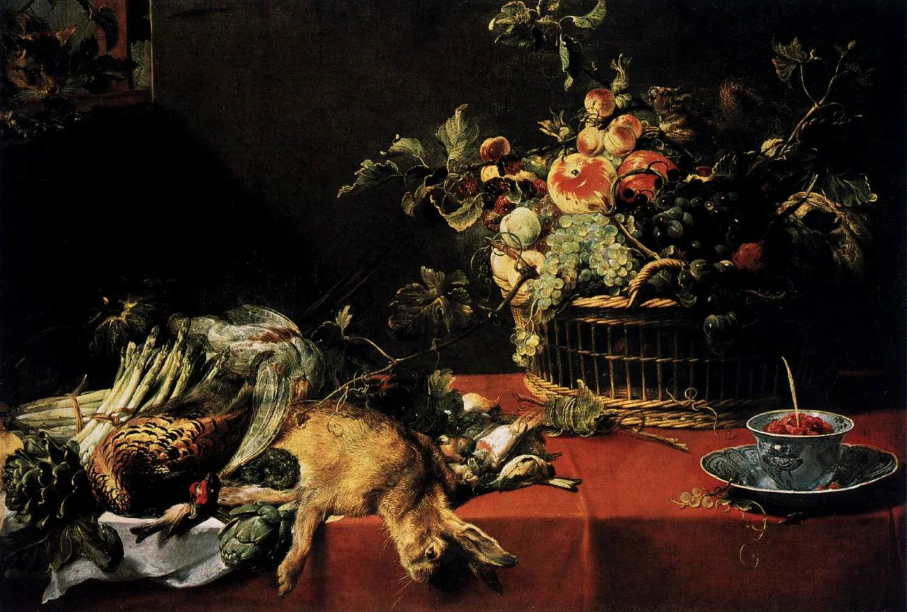 Nature morte avec gibier, légumes, fruits et un écureuil sur une table. Un chat est visible à la fenêtre en haut à gauche. - Frans Snyders image 1 copie peinte à la main à l’huile