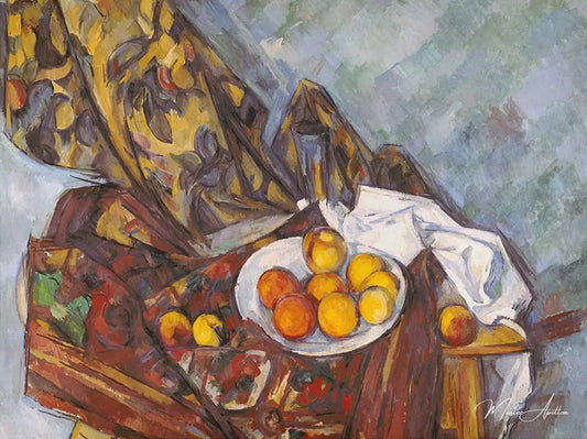 Nature morte avec le rideau fleuri et l'assiette de fruits - Paul Cézanne - Reproductions de tableaux et peintures haut de gamme