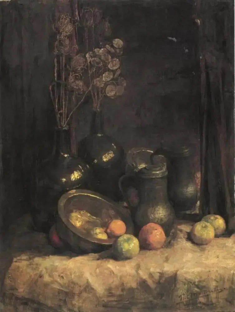 Stillleben mit Spiegel, Gefäßen, Ehrlichkeit und Früchten - Piet Mondrian