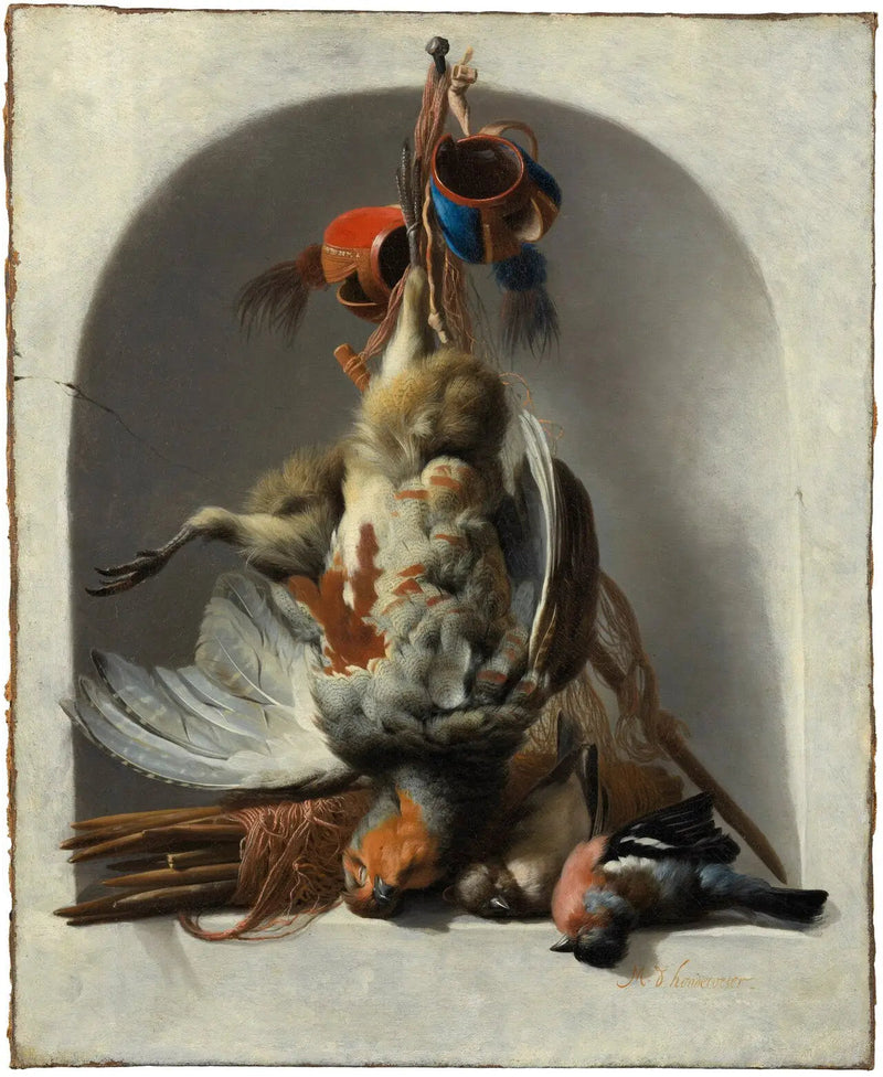 Stillleben mit Vögeln und Jagdausrüstung in einer Nische - Melchior de Hondecoeter
