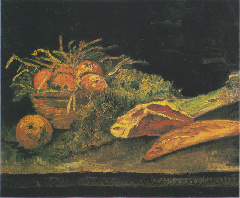 Stillleben mit Apfelkorb, Fleisch und Brötchen - Vincent van Gogh