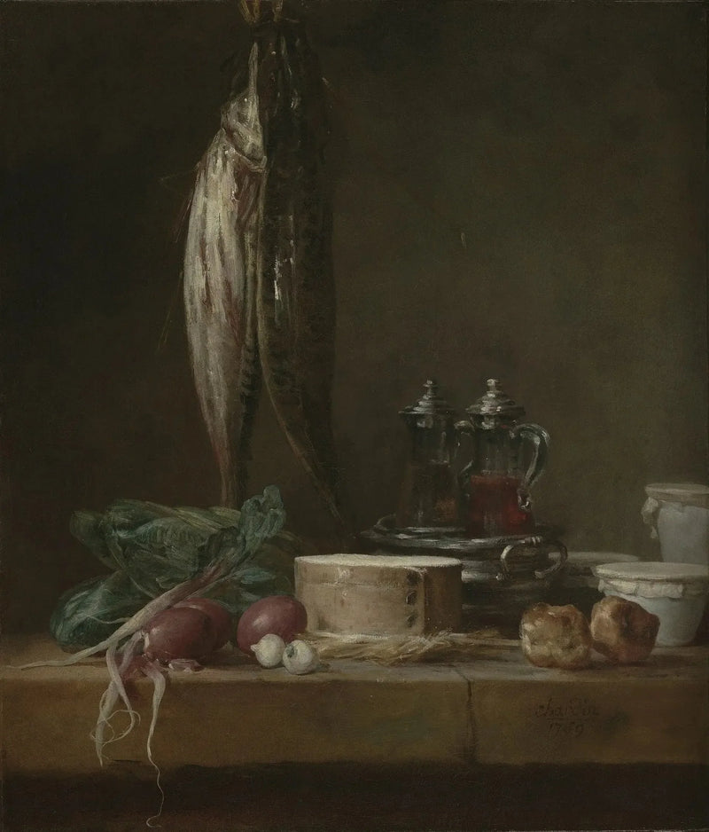 Stillleben mit Fischen, Gemüse, Gougères, Töpfen und Flaschen auf einem Tisch - Jean Siméon Chardin