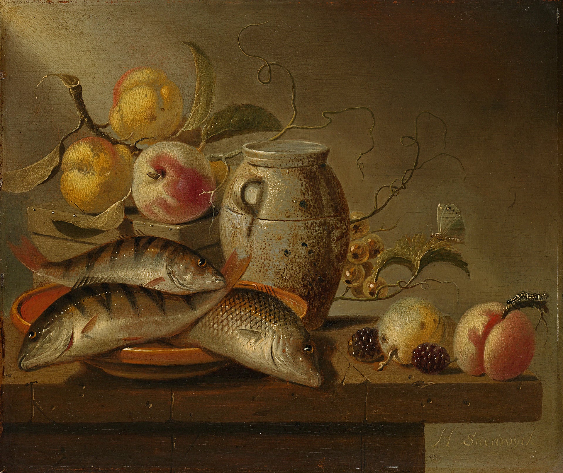 Nature morte avec pot en terre, poisson et fruits - Harmen Steenwijck