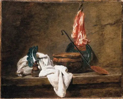 Stillleben mit einem Küchentuch, einem Topf, einem Teller, einem Schaumlöffel und Fleisch an einem Haken - Jean Siméon Chardin