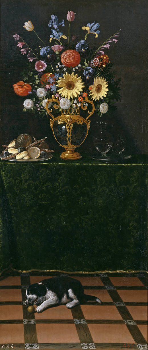 Nature morte avec un Vase de fleurs et un chiot - Juan van der Hamen image 1 copie peinte à la main à l’huile