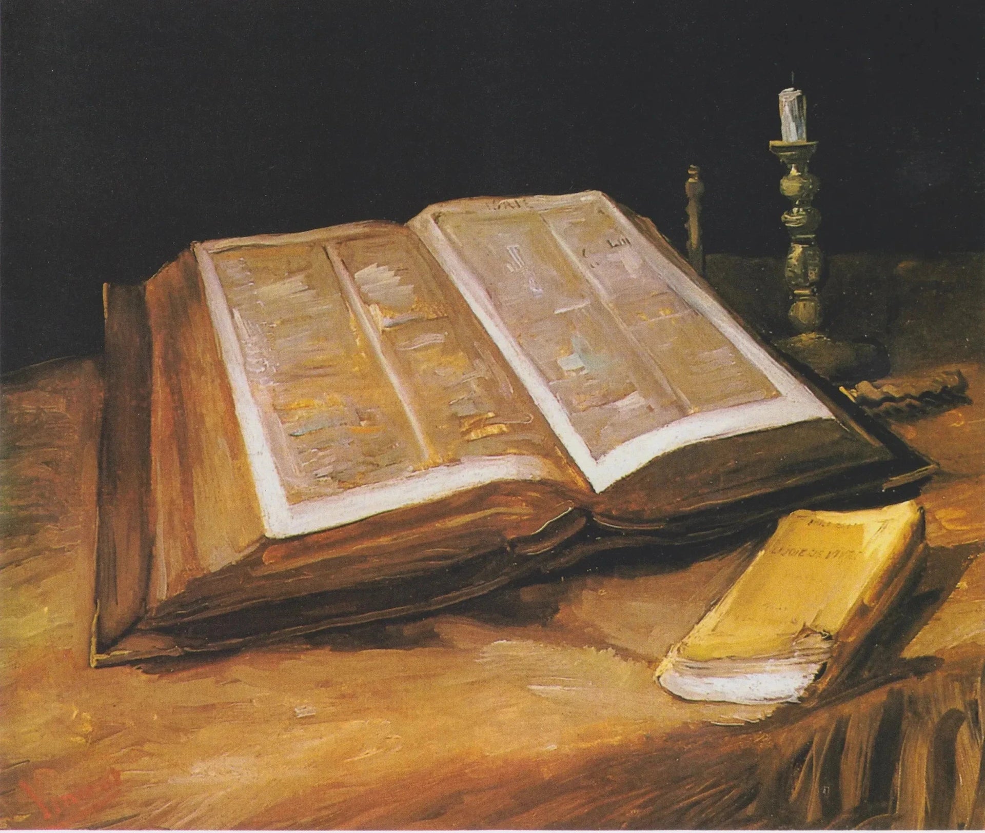 Nature morte à la Bible F117 — Bible ouverte, bougie éteinte et livre d’Émile Zola peints par Vincent van Gogh