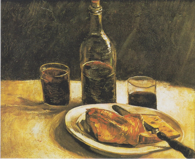 Stillleben mit Flasche, zwei Gläsern, Käse und Brot - Vincent van Gogh