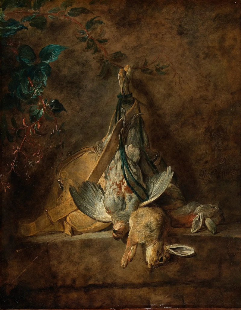 Stillleben: Zwei Kaninchen, eine Graupärchen, eine Jagdtasche und eine Pulverbirne - Jean Siméon Chardin