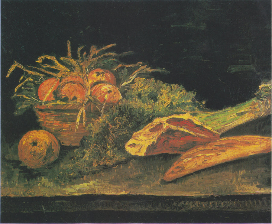 Stillleben mit Apfelkorb, Fleisch und Brötchen - Vincent van Gogh