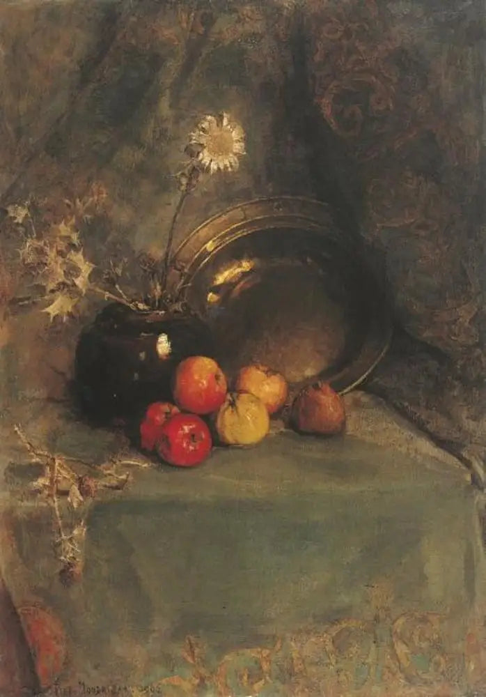 Reproduction du tableau « Nature morte : pommes, pot de fleurs et casserole en métal - Piet Mondrian » par Alpha Reproduction en peinture à l’huile