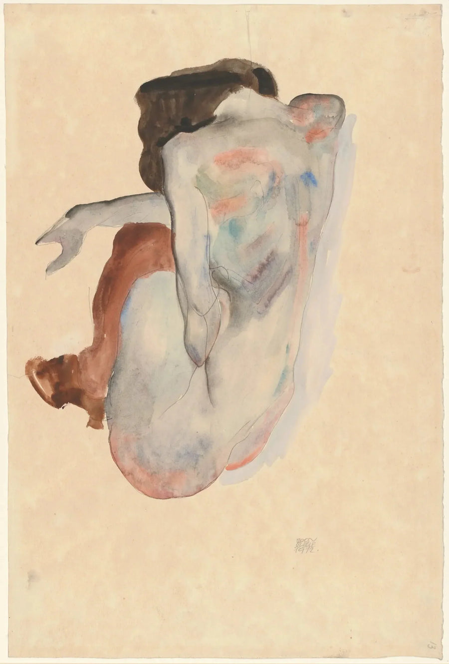 Nu hockend in schwarzen Schuhen und Strümpfen, Rückansicht - Egon Schiele