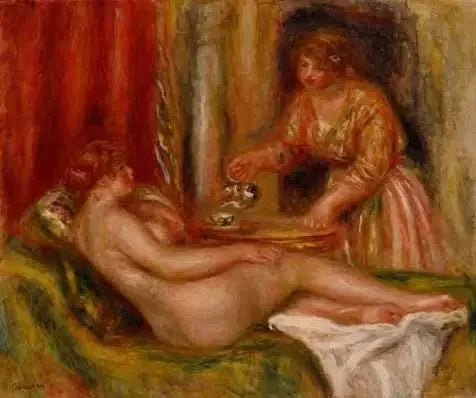 Nu langgestreckt und Diener, der Tee serviert - Pierre-Auguste Renoir