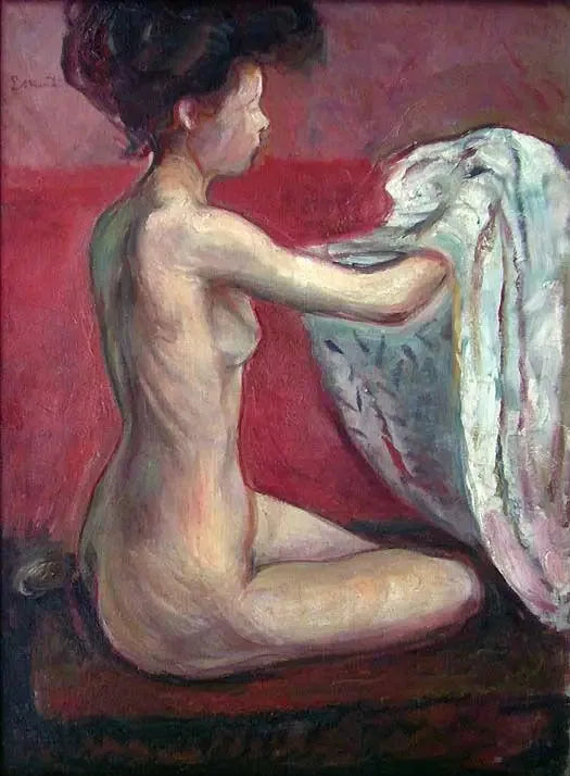 Nu sitzt vor rotem Hintergrund - Edvard Munch