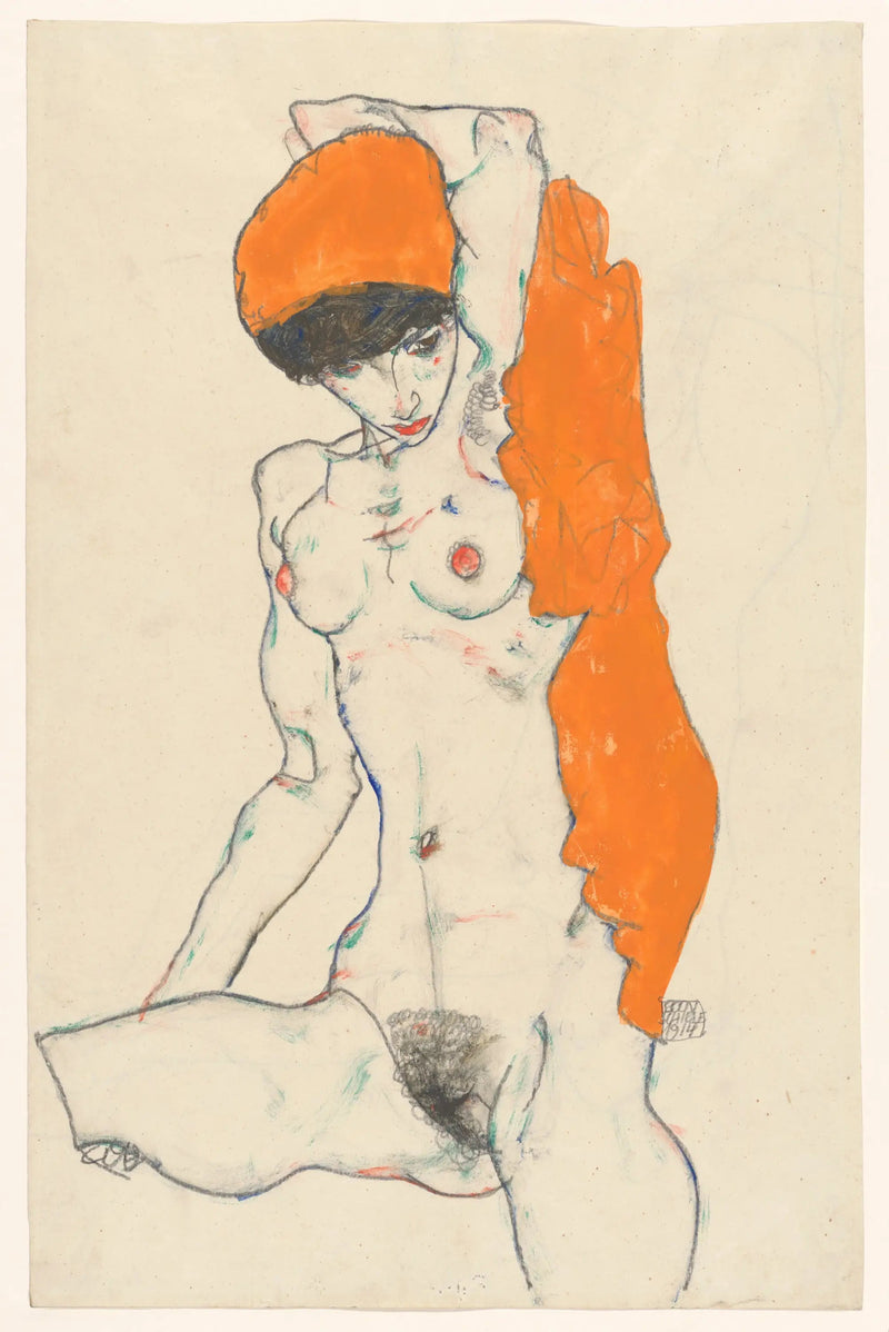 Stehende Nackte mit orangefarbener Drapierung - Egon Schiele