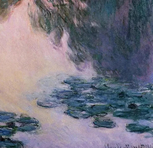 Détail des feuilles flottantes et de la signature dans les Nymphéas W1714 de Claude Monet