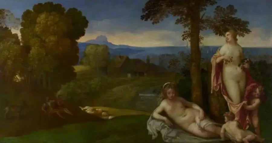 Nymphen und Kinder in einer Landschaft mit Hirten - Giorgione