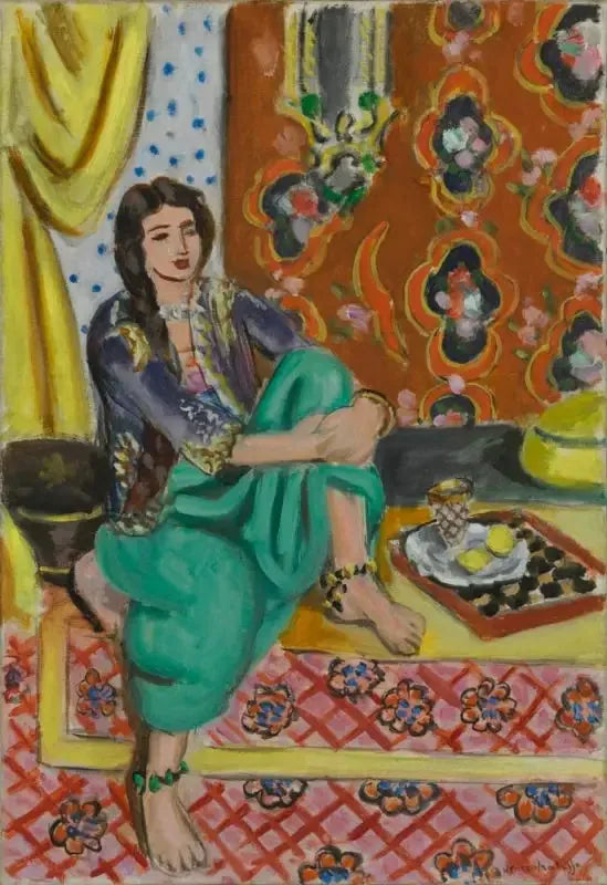 Sitzende Odaliske, linkes Knie angewinkelt, ornamentaler Hintergrund und Schachbrett - Henri Matisse