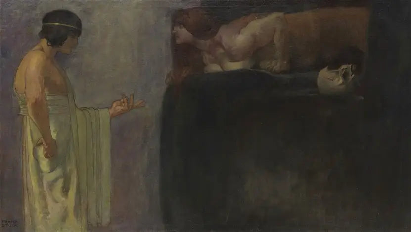Reproduction du tableau « Œdipe résout l'énigme du Sphinx - Franz von stuck » par Alpha Reproduction en peinture à l’huile