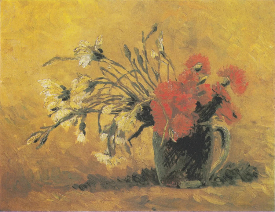 Vase mit roter und weißer Nelke vor gelbem Hintergrund - Vincent van Gogh