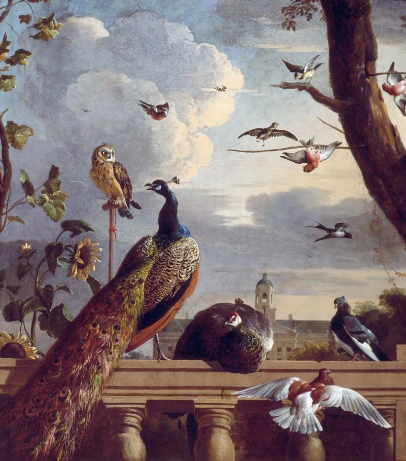 Vögel um eine Balustrade mit dem Amsterdamer Rathaus im Hintergrund, 1670 - Melchior de Hondecoeter