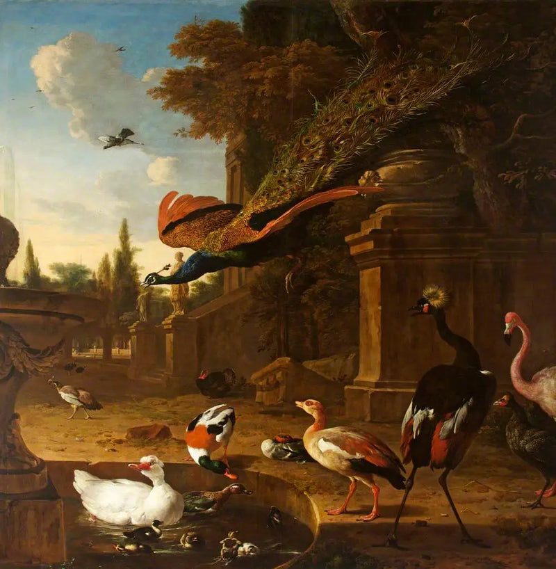 ZierVögel in und neben einem Teich in einem Park, mit einem fliegenden Pfau - Melchior de Hondecoeter