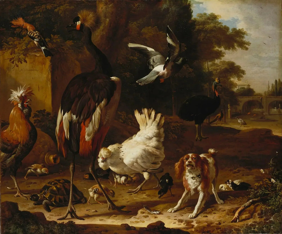 Vögel und Spaniel in einem Garten - Melchior de Hondecoeter