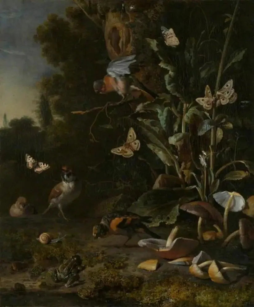 Vögel, Schmetterlinge und ein Frosch unter den Pflanzen und Pilzen - Melchior de Hondecoeter
