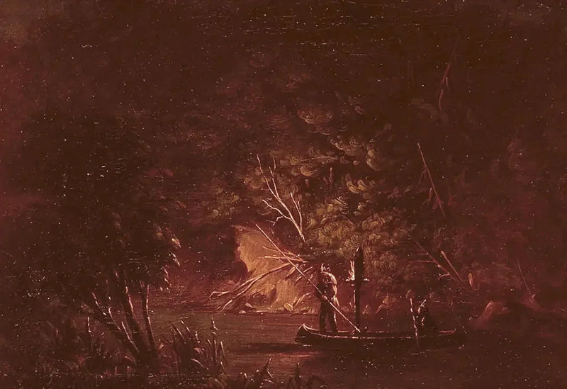 Ojibwé harponnant le saumon à la lueur des torches - George Catlin