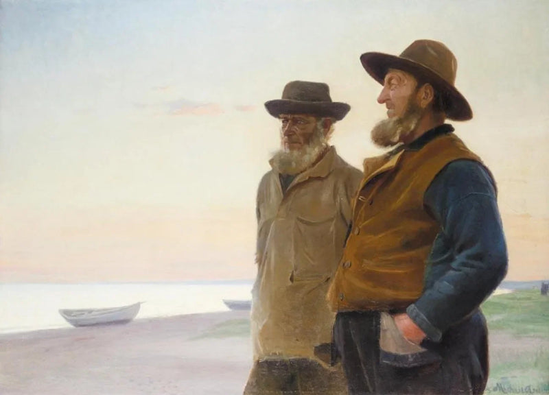Ole Svendsen und Wolle (Ole Christoffersen) beobachten das Meer bei Sonnenuntergang. - Michael Peter Ancher