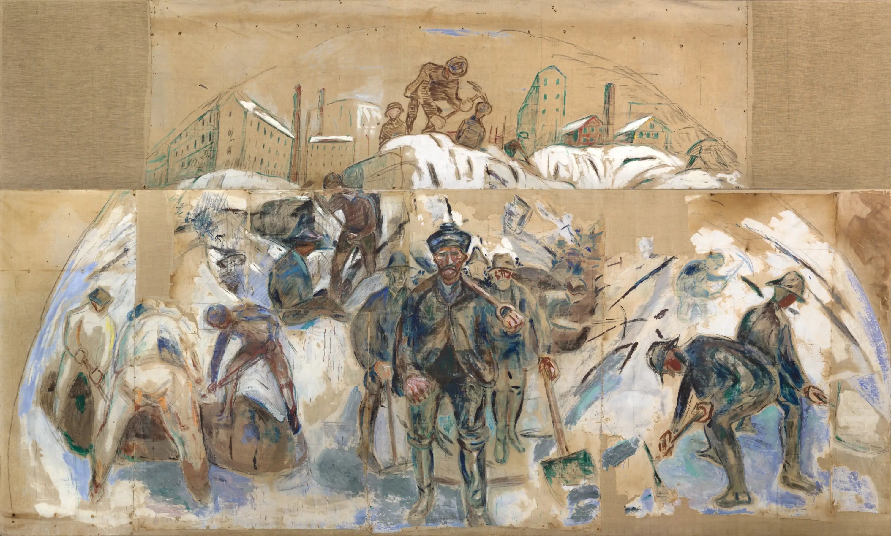 Ouvriers sur le chantier de construction. Esquisse pour un décor de l'hôtel de ville d'Oslo - Edvard Munch image 1 reproduction de peinture à l’huile