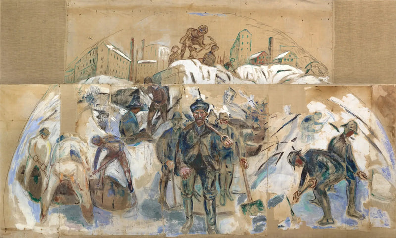 Arbeiter auf der Baustelle. Skizze für ein Dekor des Rathauses von Oslo - Edvard Munch