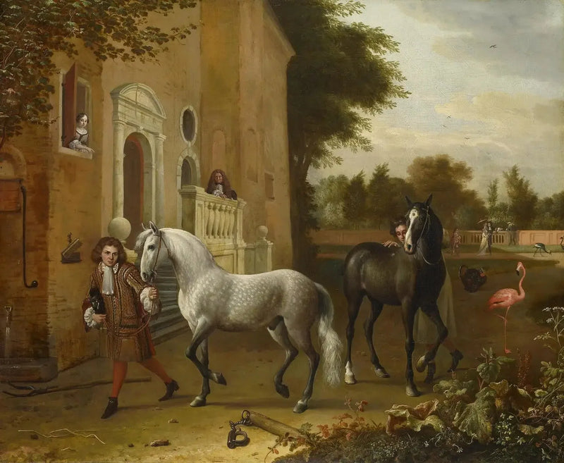 Stallknechte mit Pferden, einem Grauen und einem Dunkelbraunen, am Schloss Nijenrode - Melchior de Hondecoeter