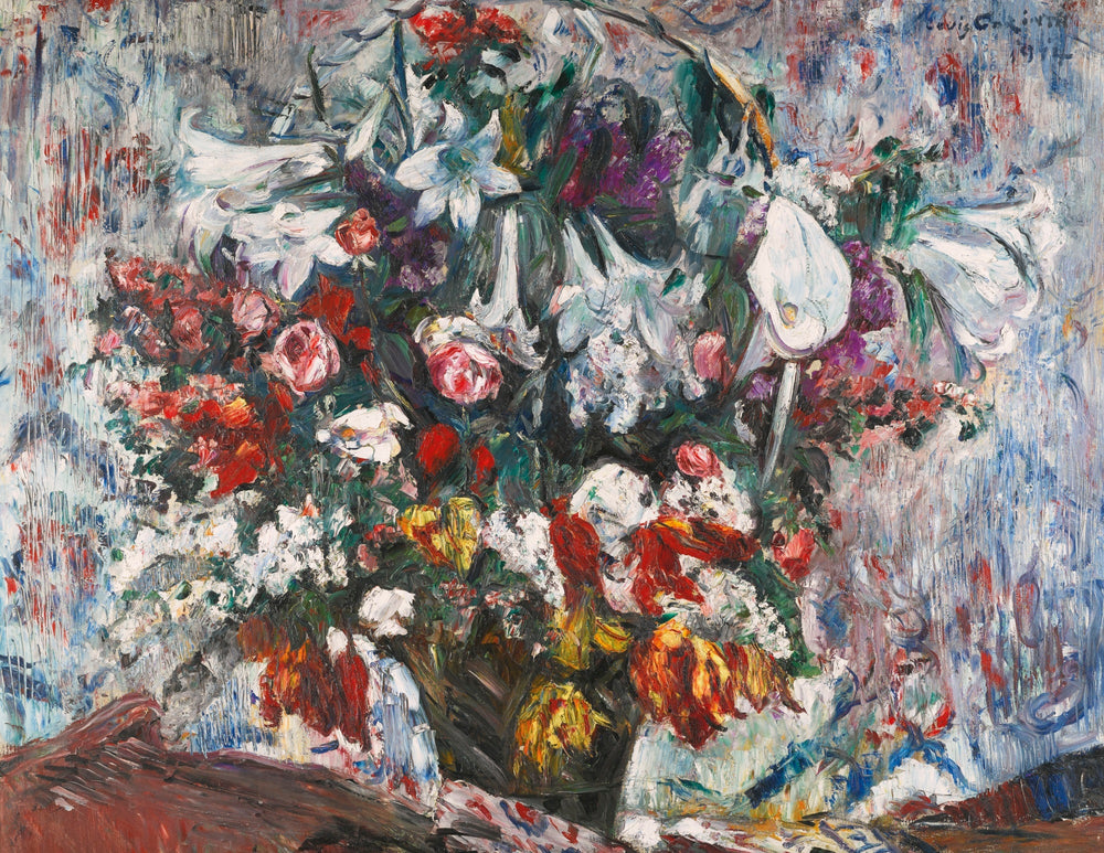 Panier de fleurs avec amaryllis, lilas, roses et tulipes - Lovis Corinth image 1 reproduction réalisée par Alpha Reproduction