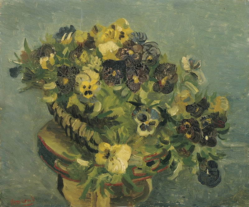 Korb mit Stiefmütterchen auf einem kleinen Tisch - Vincent van Gogh