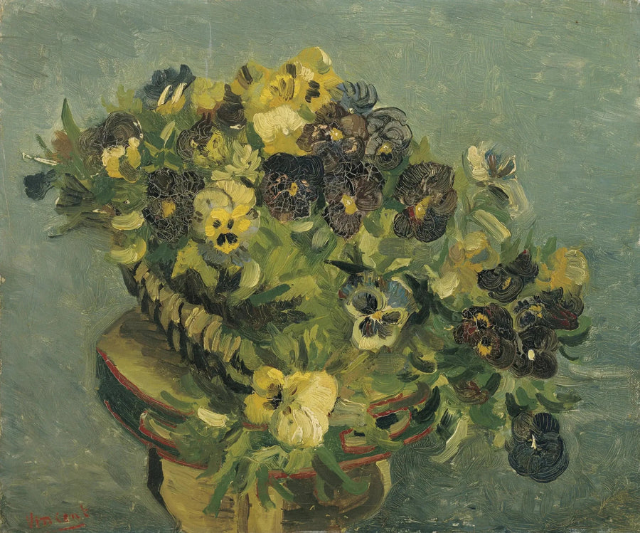 Korb mit Stiefmütterchen auf einem kleinen Tisch - Vincent van Gogh