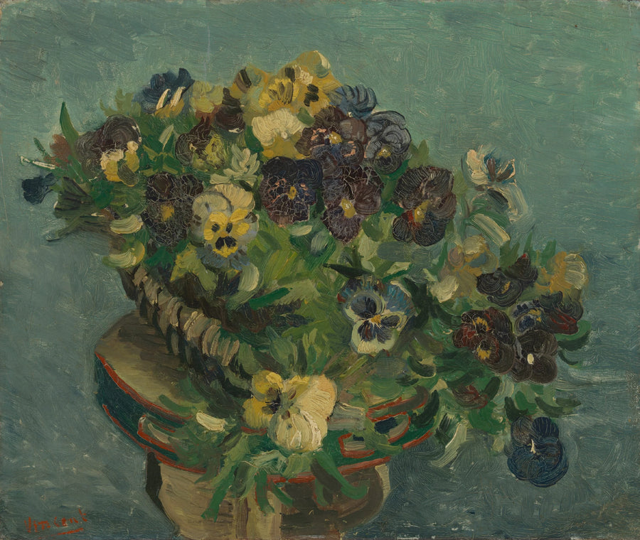 Korb mit Stiefmütterchen auf einem kleinen Tisch - Vincent van Gogh