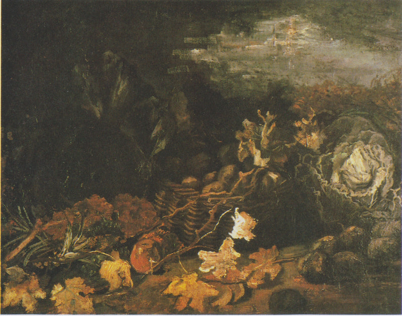 Stillleben mit einem Korb Kartoffeln, umgeben von Herbstblättern und Gemüse - Vincent van Gogh