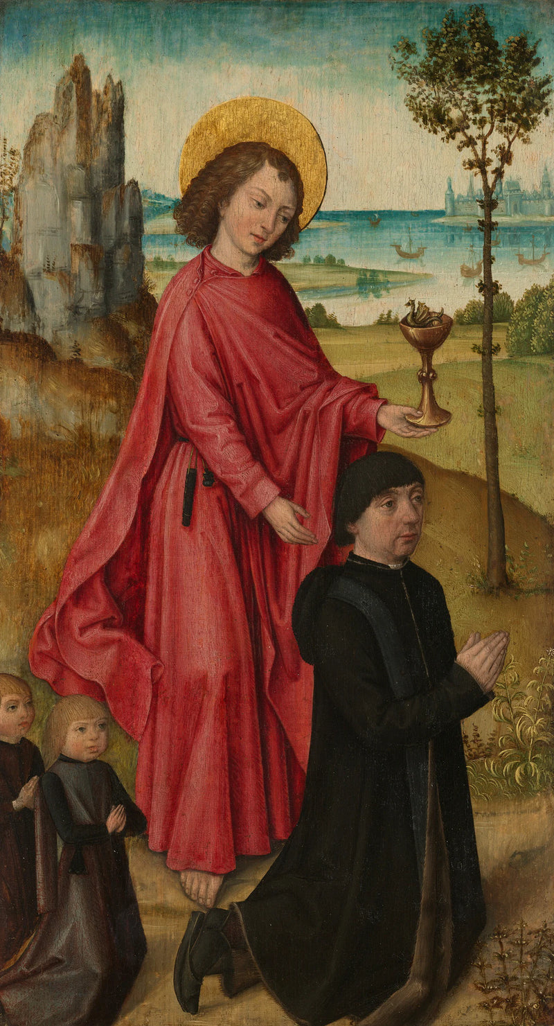 Panneau gauche d'un triptyque : un donateur avec deux fils et Jean l'évangéliste - Maître de la Légende de sainte Ursule de Bruges