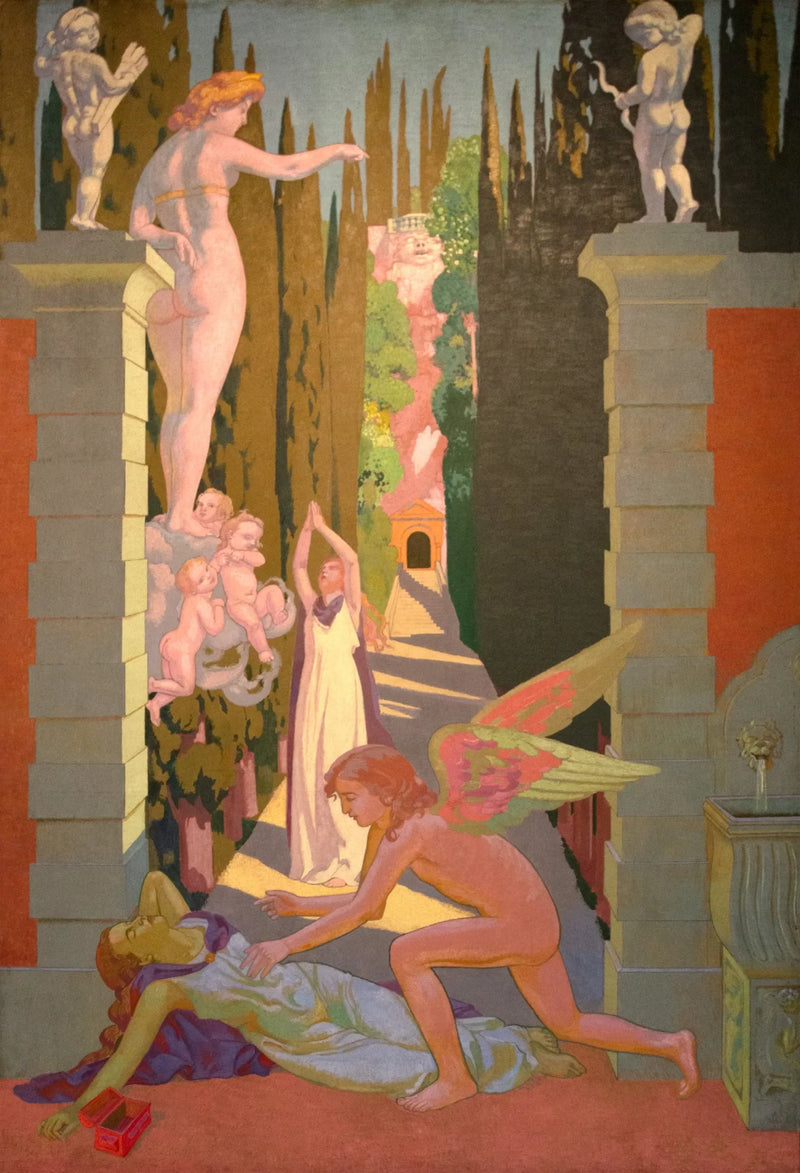Panel IV. Von Venus den härtesten Prüfungen unterzogen, gibt Psyche unglücklicherweise ein zweites Mal ihrer Neugier nach: In dieser Notlage wird sie vom Liebe gerettet - Maurice Denis